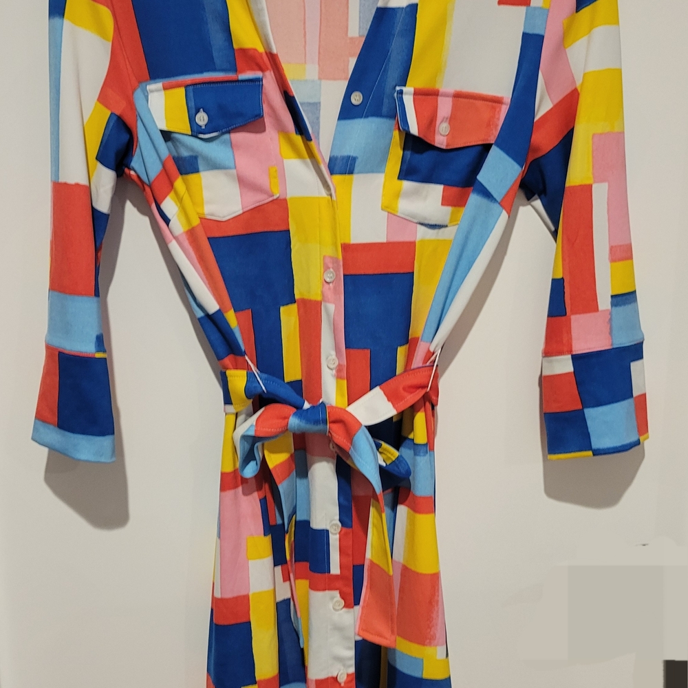J. McLaughlin Multicolor Geometric Shirt Dress - Blue, Yellow, Pink, Red, White